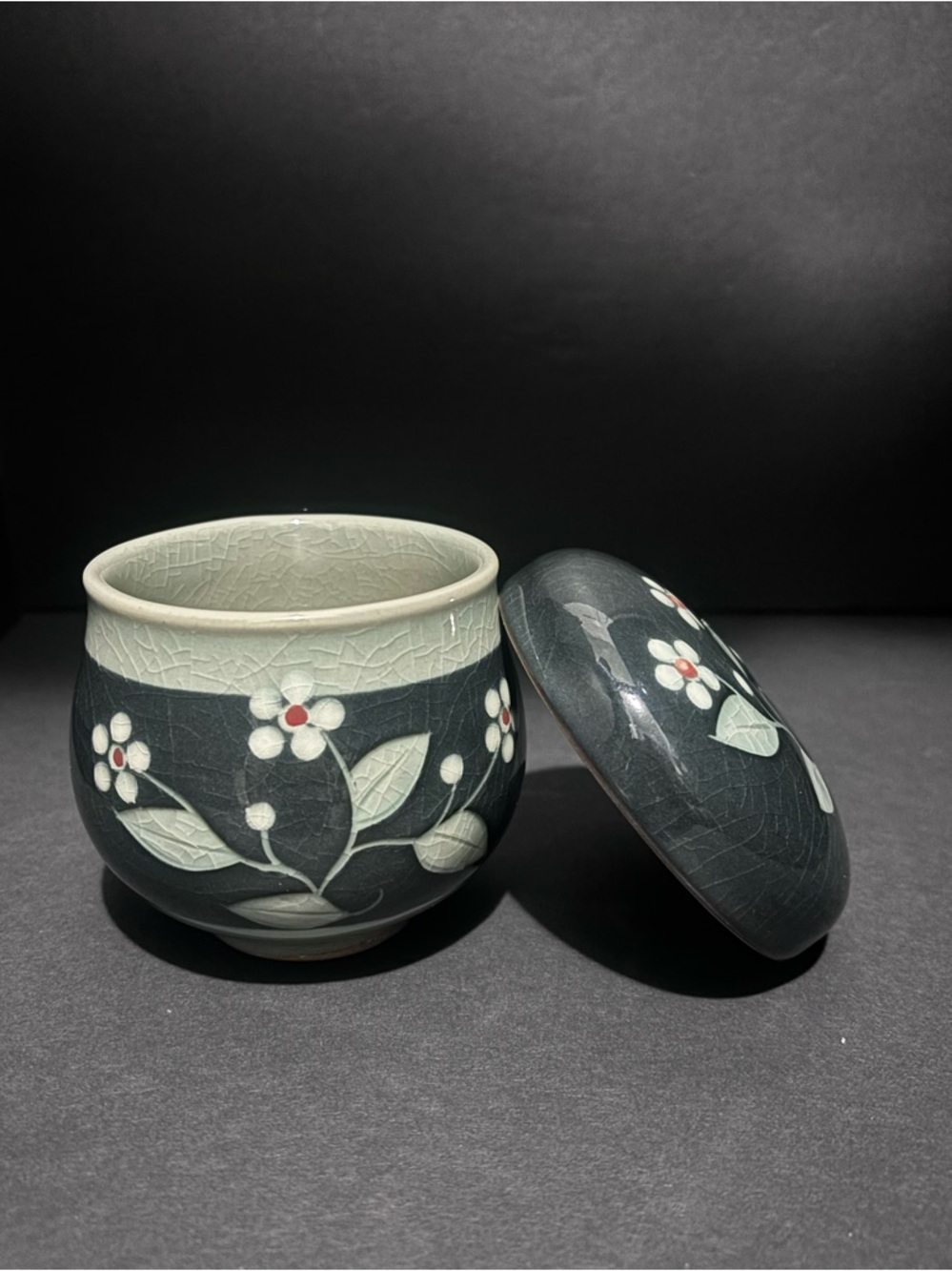 Vintage Asian Celadon Ceramic Floral Jar with Lid